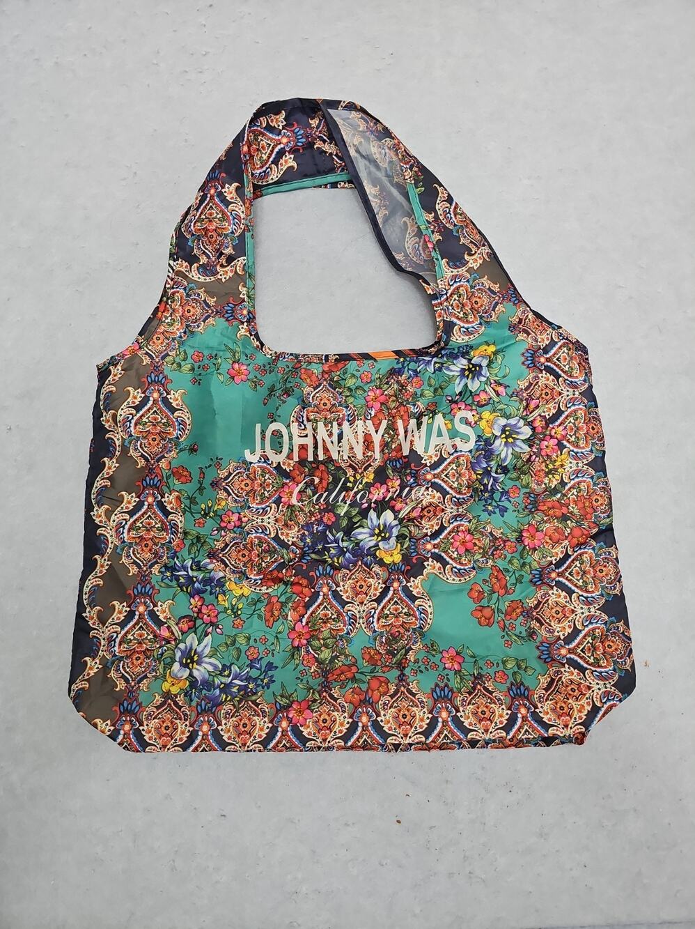 JOHNNY WAS California Floral Nylon Reusable Shopping Bag Tote Flowers Pocket